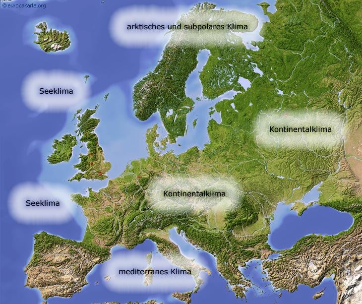 Klima Europa, Klimazonen auf der Karte