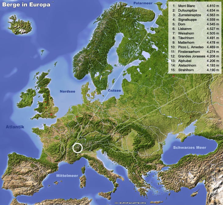 Europakarte: Höchste Berge