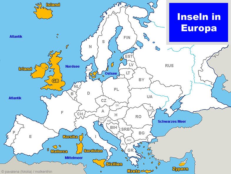 Karte der größten Inseln in Europa