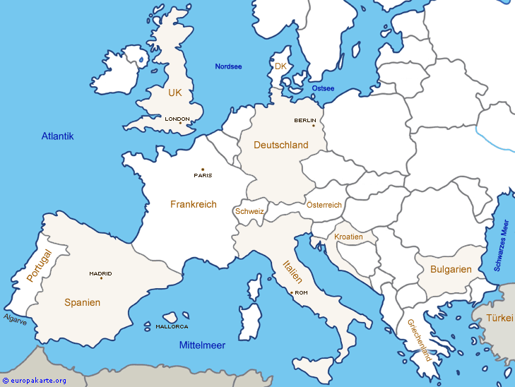 Europakarte mit beliebten Reisezielen