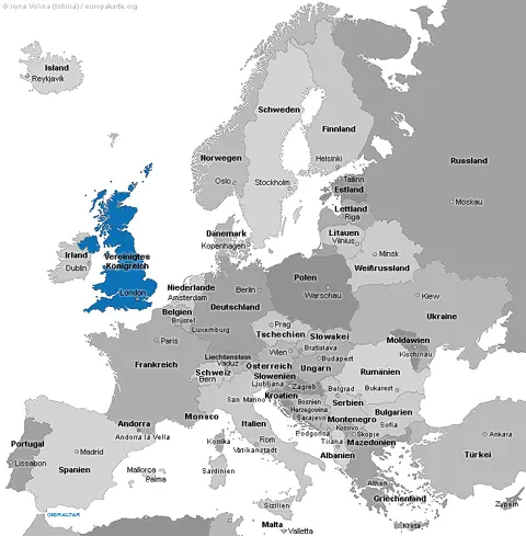 Vereinigtes Königreich auf der Europakarte hervorgehoben Europakarte mit dem Vereinigten Königreich